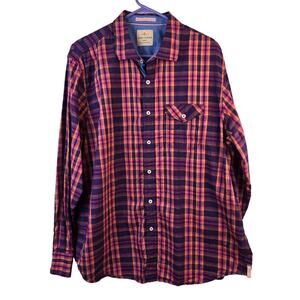 Tommy Bahama Shirt Men's XL Tropical Blue Pink Orange Plaid Cotton Coastal Beach